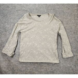 Lucky Brand Shirt Women Large Gray Striped 3/4 Cuff Sleeve Floral Eyelets Relax